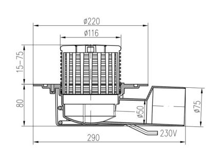 Воронка с нагревател хоризизантална 10W DN50/75 84л/минута TV388A1